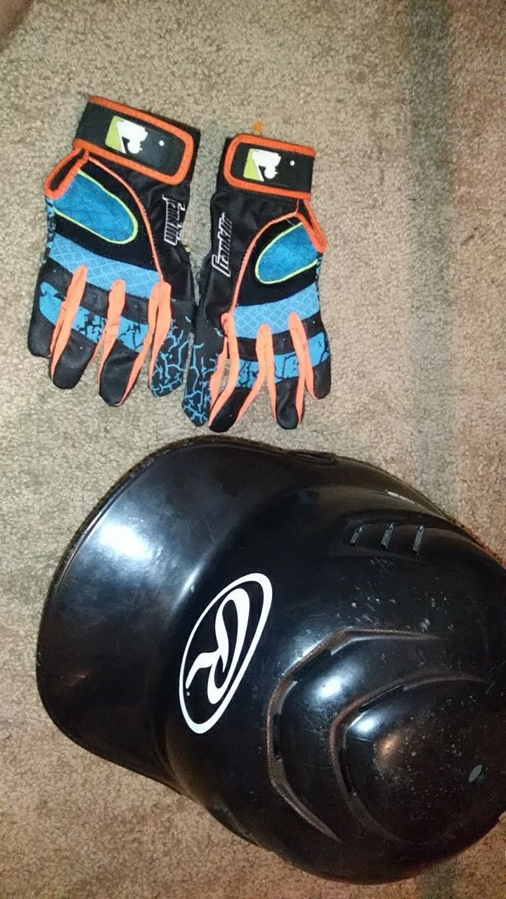 Baseball helmet and gloves
