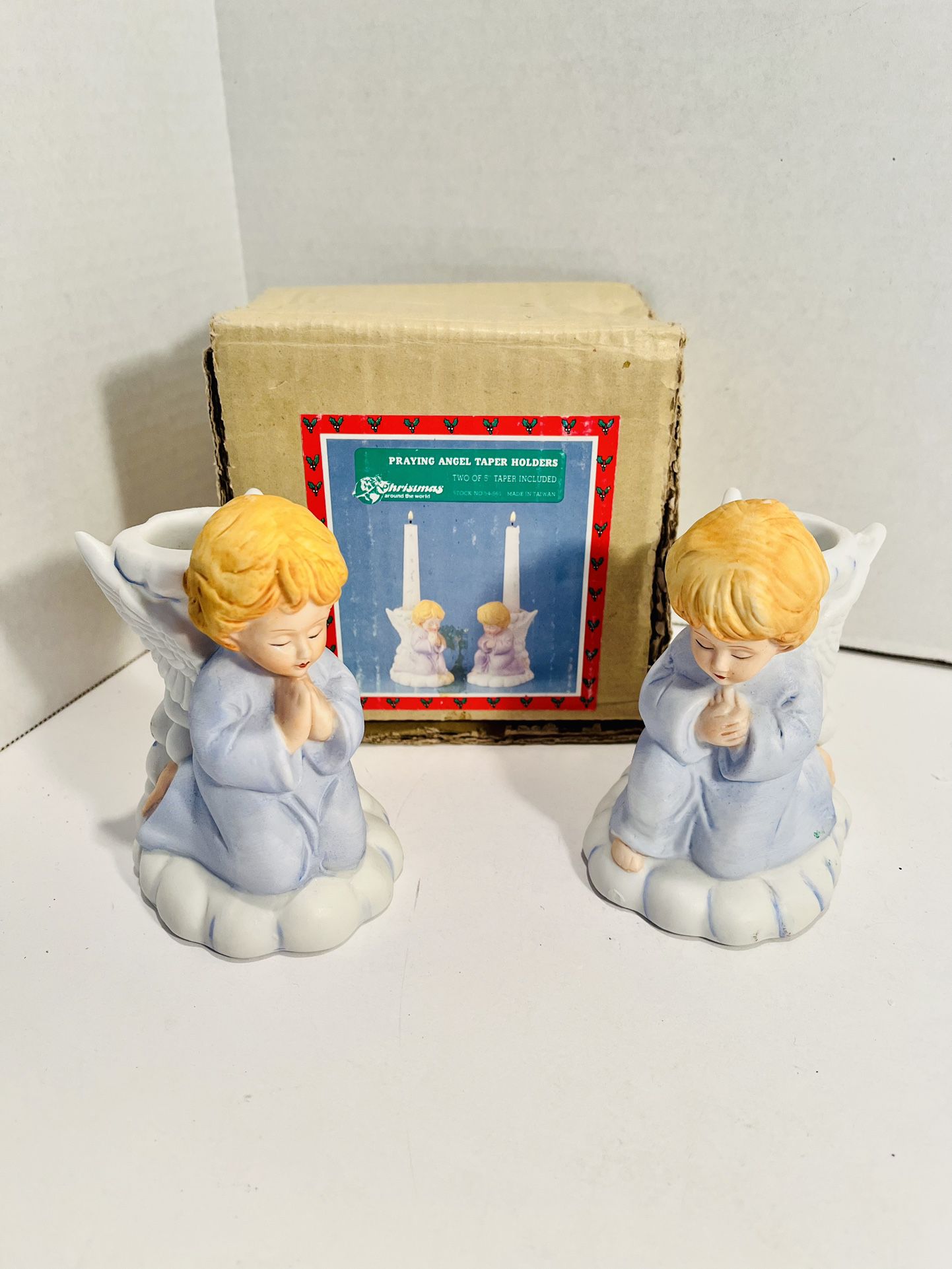 Praying Angel Taper Candle Holders Ceramic Christmas Around The World W/Box