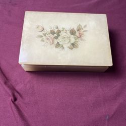 Vintage Genuine Italian Alabaster Trinket Box Hinged Lid Floral Marble,goldtrim
