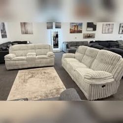 Light Gray corduroy 2 pc recliner sofa set with storage drawer cup holders