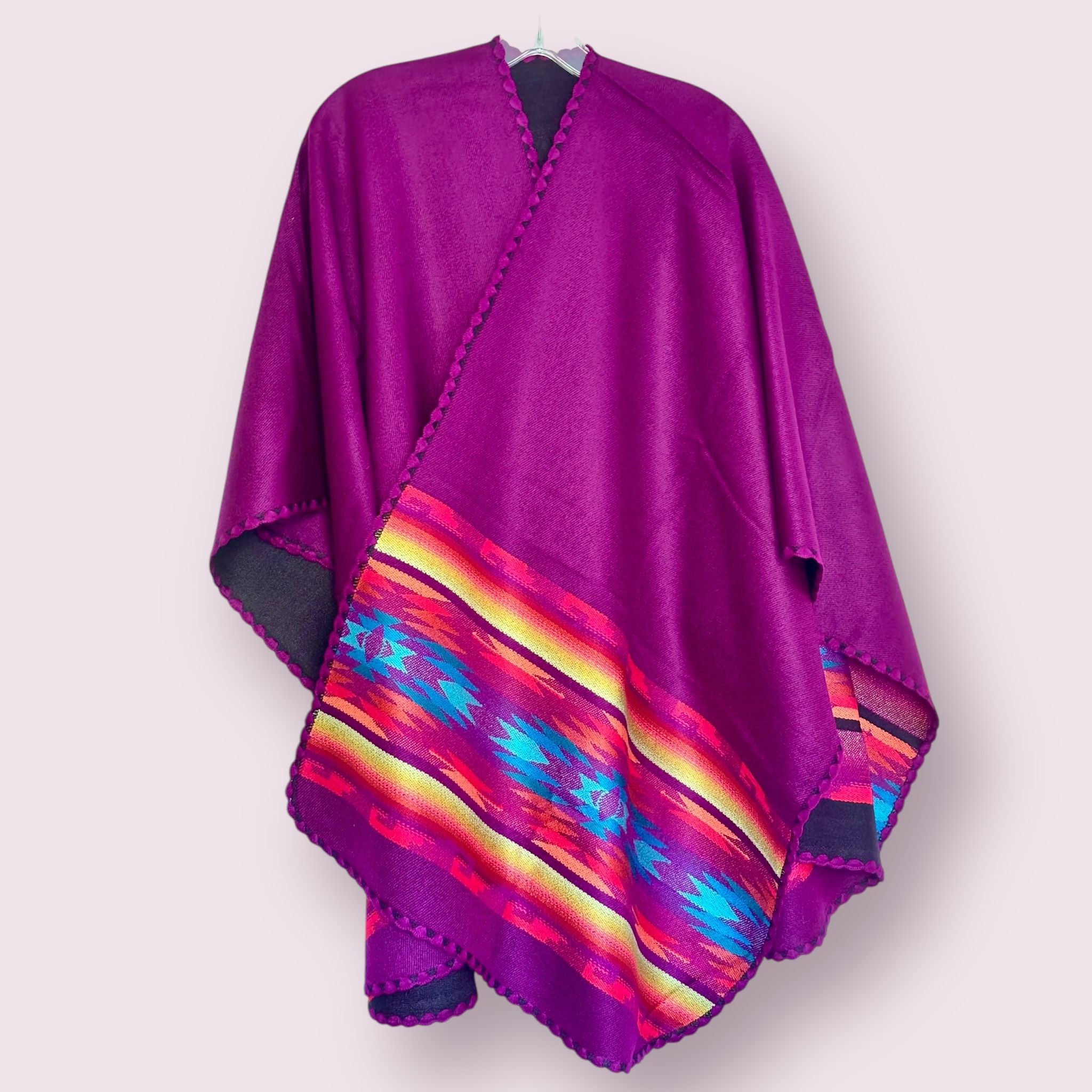 Soft & Cozy Wool Hand-knitted Reversible Poncho, Color Purple & Black. Handmade
