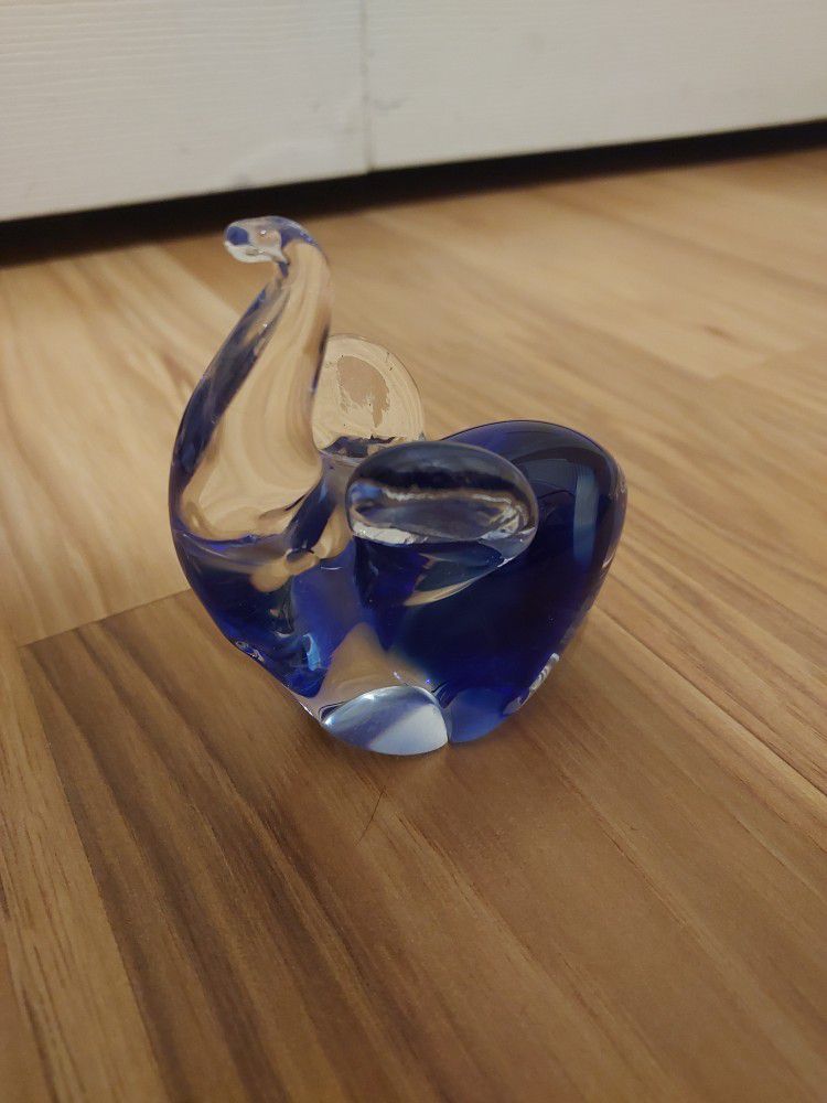 Art Glass Elephant Figurine Trunk Up Clear To Cobalt Blue Hand Blown Paperweight