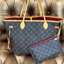 Louis Vuitton Neverfull Brown Tote Monogram Canvas MM RED Interior Good Condition