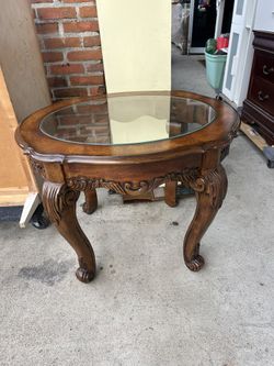 Antique Carved Wood Glass Top End table / Coffee Table