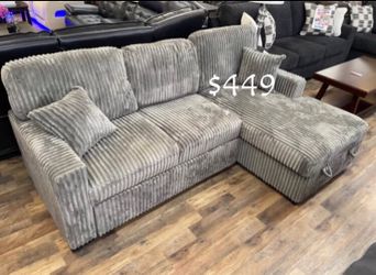 Stylish‼️ 2-Pc Gray Convertible Corduroy Sectional Sofa W/Pullout Bed, Storage, & USB Port