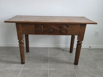 Antique Style Rustic Wood Table w/ Hand-Carved Heart Detail