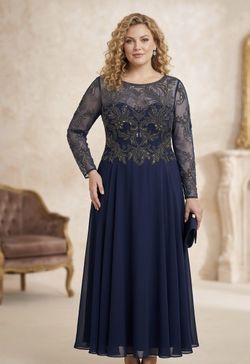 Xscape Navy Long-Sleeve Beaded A-Line Evening Dress