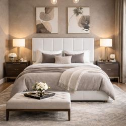 Queen Size Platform Bed Frame with Fabric Upholstered Headboard and Wooden Slats Support, Fully Upholstered Mattress Foundation/No Box Spring Needed/E