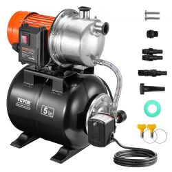 VEVOR 1.6 HP Shallow Well Pump with Pressure Tank, 1320 GPH, Automatic Irrigation Water Booster Pump with 5 Gallon Pressure Tank, 30/50 PSI Pressure S