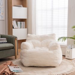 40” Ivory Tufted Foam Injected Bean Bag Chair with Teddy Bear Fabric [NEW IN BOX]