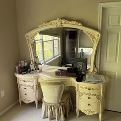 Custom French Ribbon and Rose Makeup Vanity with Chair