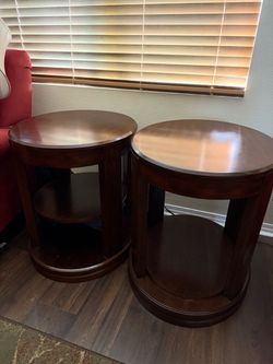 2 Round Wood  End Tables