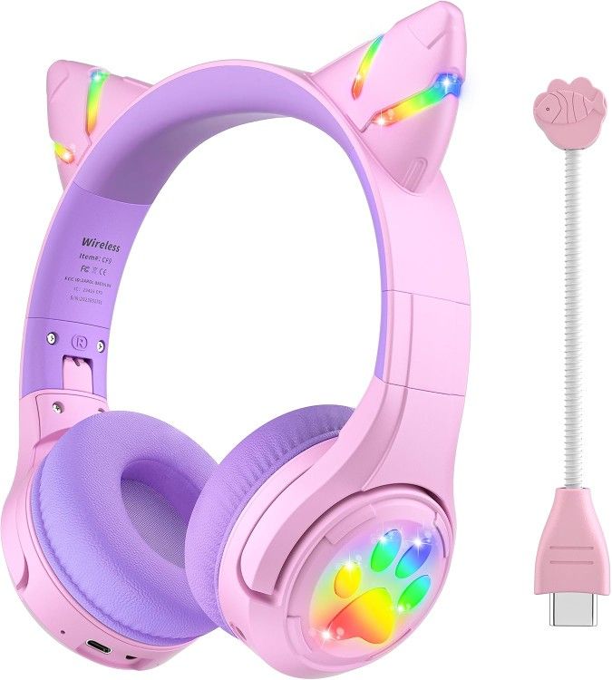 NEW Kids Cat Ear Bluetooth Headphones with LED Light Up