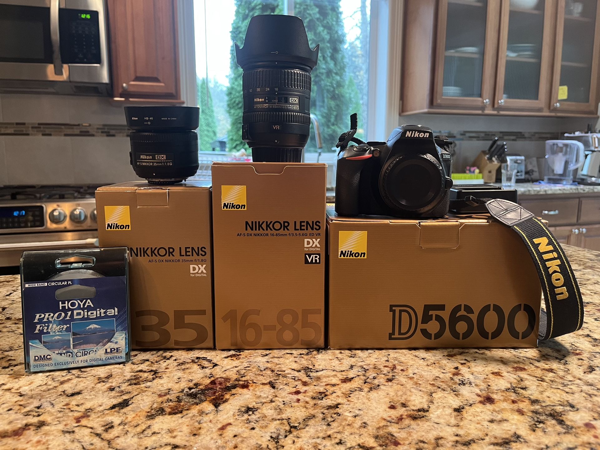 Nikon D5600, Nikon 16-85mm and Nikon 35mm Lenses, Hoya 67mm Filter.
