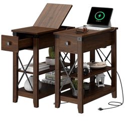 Narrow End Table with Charging Station - Farmhouse Slim Side Table Set of 2, w/USB Ports Power Outlets, Nightstand w/Flip Top Storage Drawer, for Smal