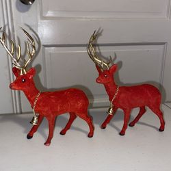 2 Vtg RED FLOCKED REINDEER DEER w/Bell Christmas Japan