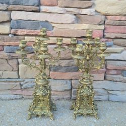 Antique Ornate Brass 5-Light Candelabras 