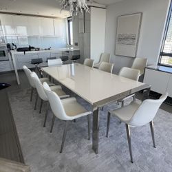 White Modern Lacquer Dining Room Table With 10 Chairs 