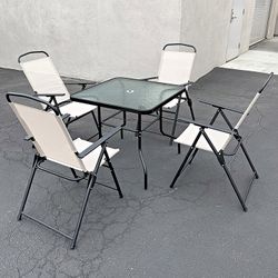 (Brand New) $100 Outdoor 5 Piece Patio Set (32x32” Table and 4pc Folding Chairs) Garden Furniture