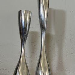 Vintage Nambe Candlestick Set (2) 1994 Designed And Signed By Karim Rashid -8" & 11.5 "