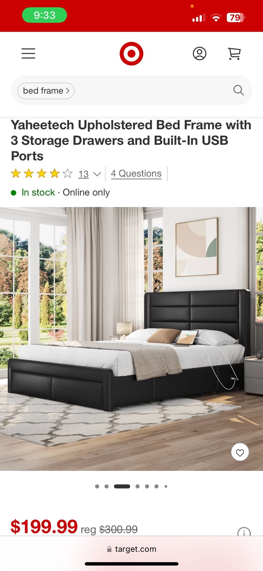 Yaheetech Upholstered Bed Frame with 3 Storage Drawers and Built-In USB Ports