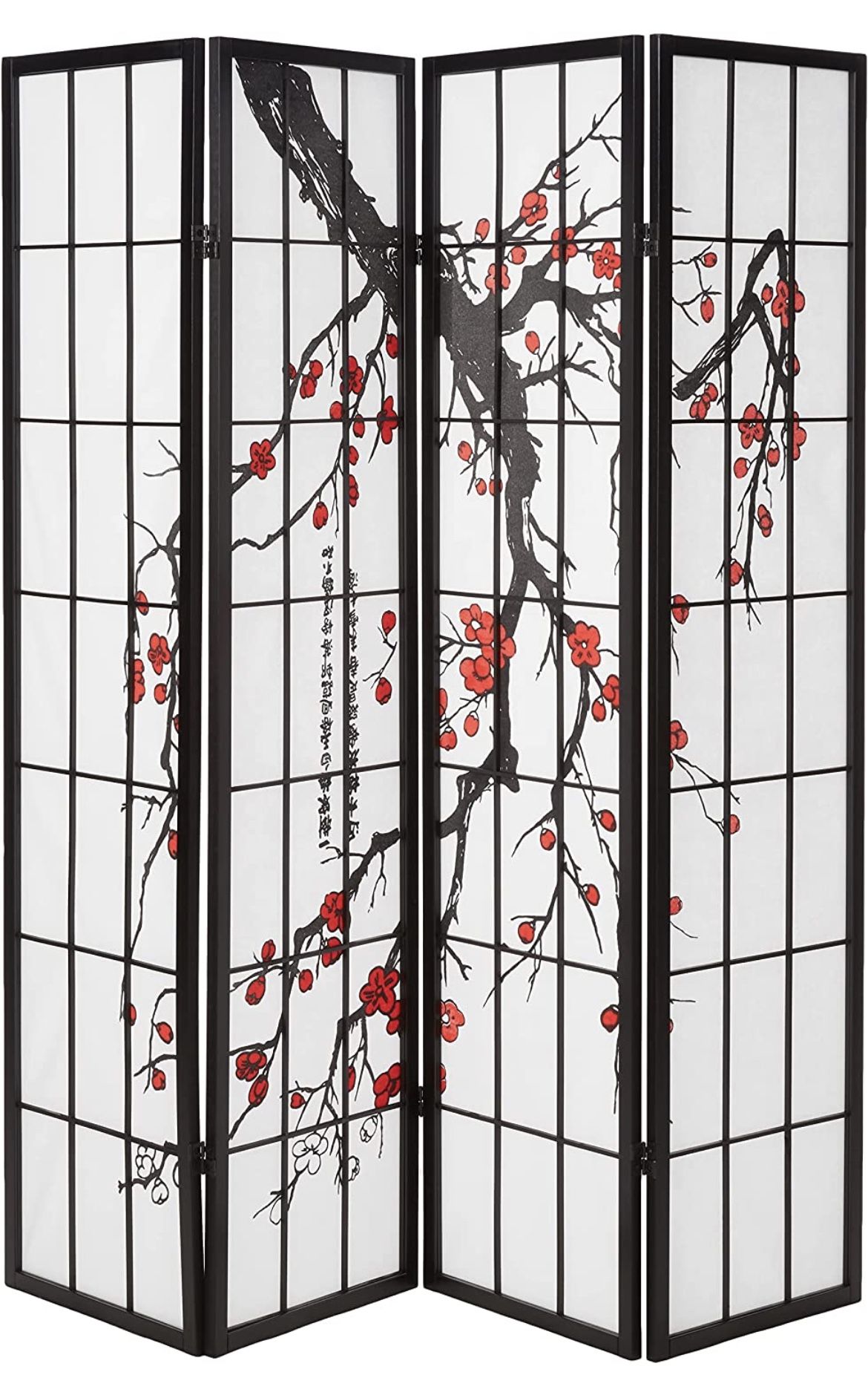 Black Japanese 4-Panel Screen Room Divider, Plum Blossom