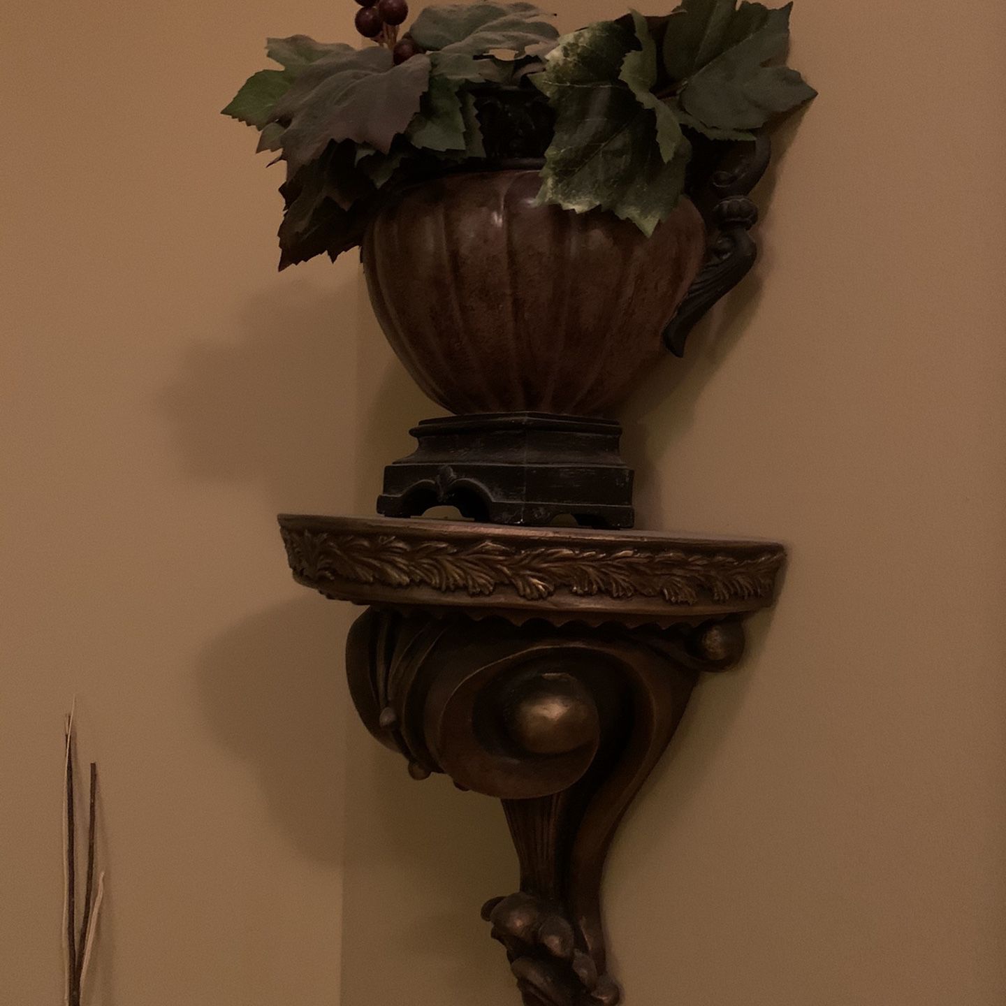 Decorative Sconce Wood Scroll , Pot And Plant Will Sell Separately Like New!