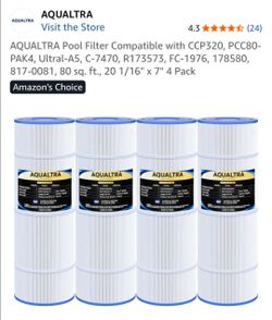 AQUALTRA Pool Filter Compatible with CCP320, PCC80- PAK4, Ultral-A5, C-7470, R173573, FC-1976, 178580, , 80 sq. ft., 20 1/16" x 7" 4 Pack