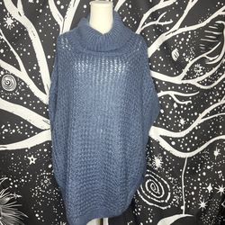 NWT LC Lauren Conrad Women's Cowl Neck Open Knit Poncho Sweater Blue One Size