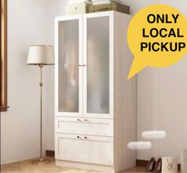🌺 FUFU&GAGA Light Oak Wood 31.5”. Bedroom Armoire with Frosted Tempered Glass Doors, Hanging Rod