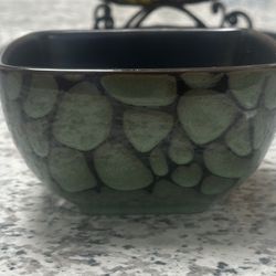 Roscher Square Stoneware Green & Black Bowl. 4” Depth, Almost 6” Across