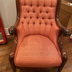 Antique Mahogany Frame Lion Head Carved Arms and Paw Feet Upholstered Chair
