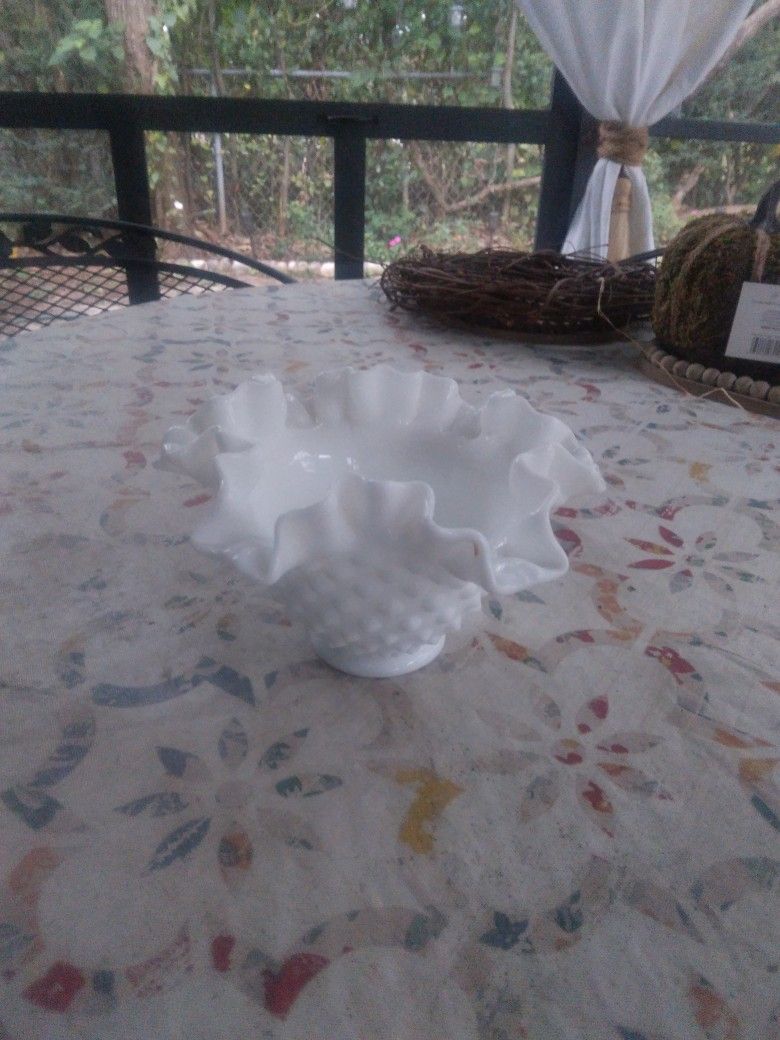 Fenton Milk Glass Hobnail Ruffled Edge Bowl