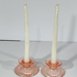 Vintage pink depression glass candle holders