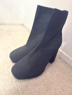 Black Knit Sock Ankle Boots with Block Heel