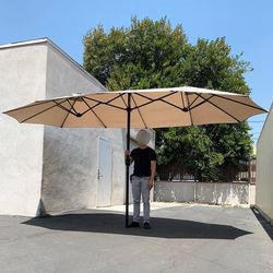 (New) $95 Large 15 FT Double Sided Umbrella Outdoor Patio, Tan color (Weight base not included)