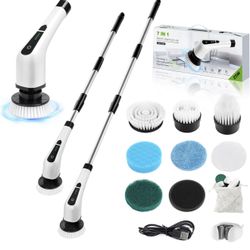 Electric Spin Scrubber, Cordless Bathroom Tub Scrubber with Long Handle & 7 Replaceable Cleaning Heads, Extension as Short Handle, Portable Power Show