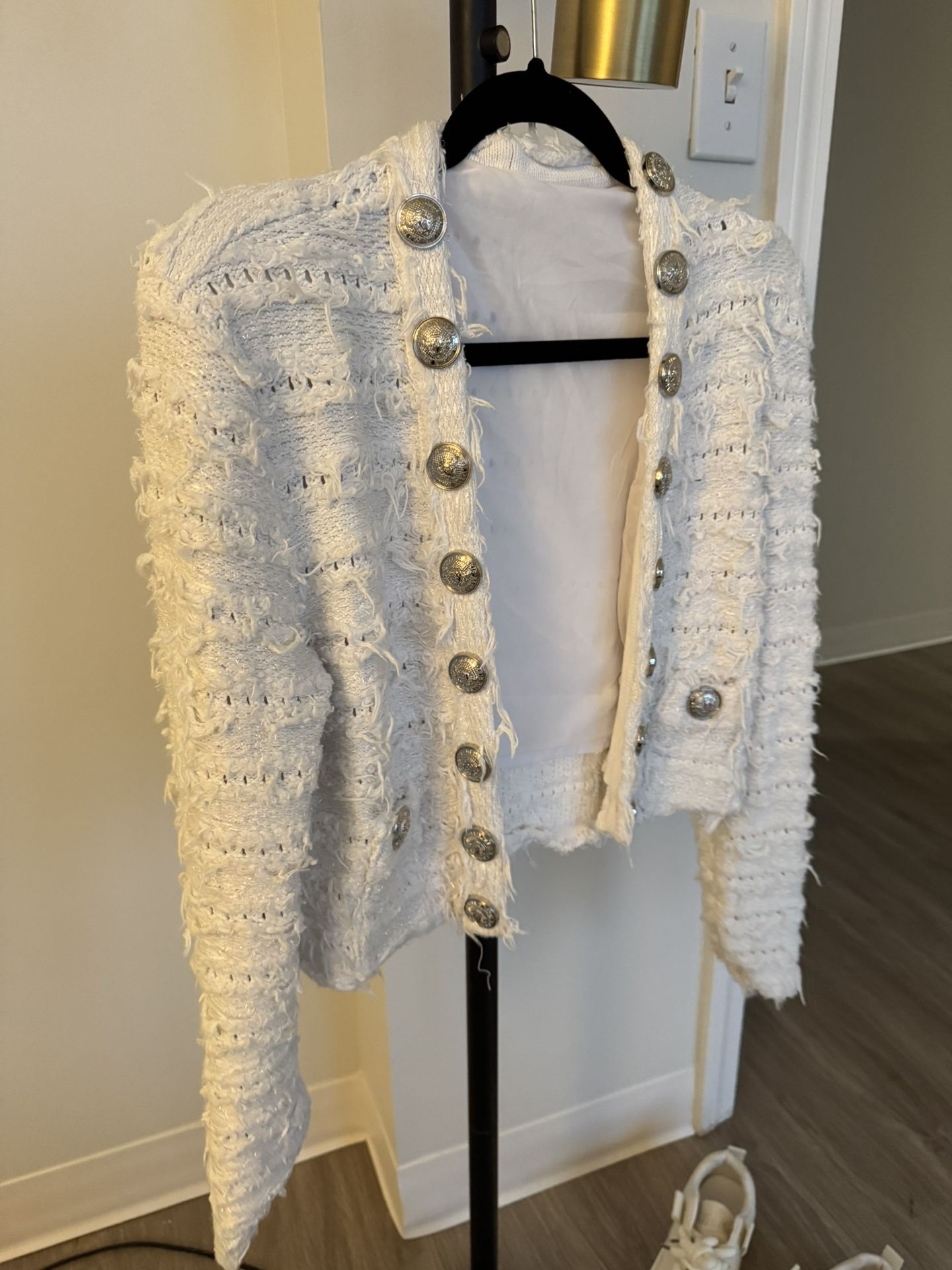 Balmain-Inspired White Tweed Jacket with Statement Buttons