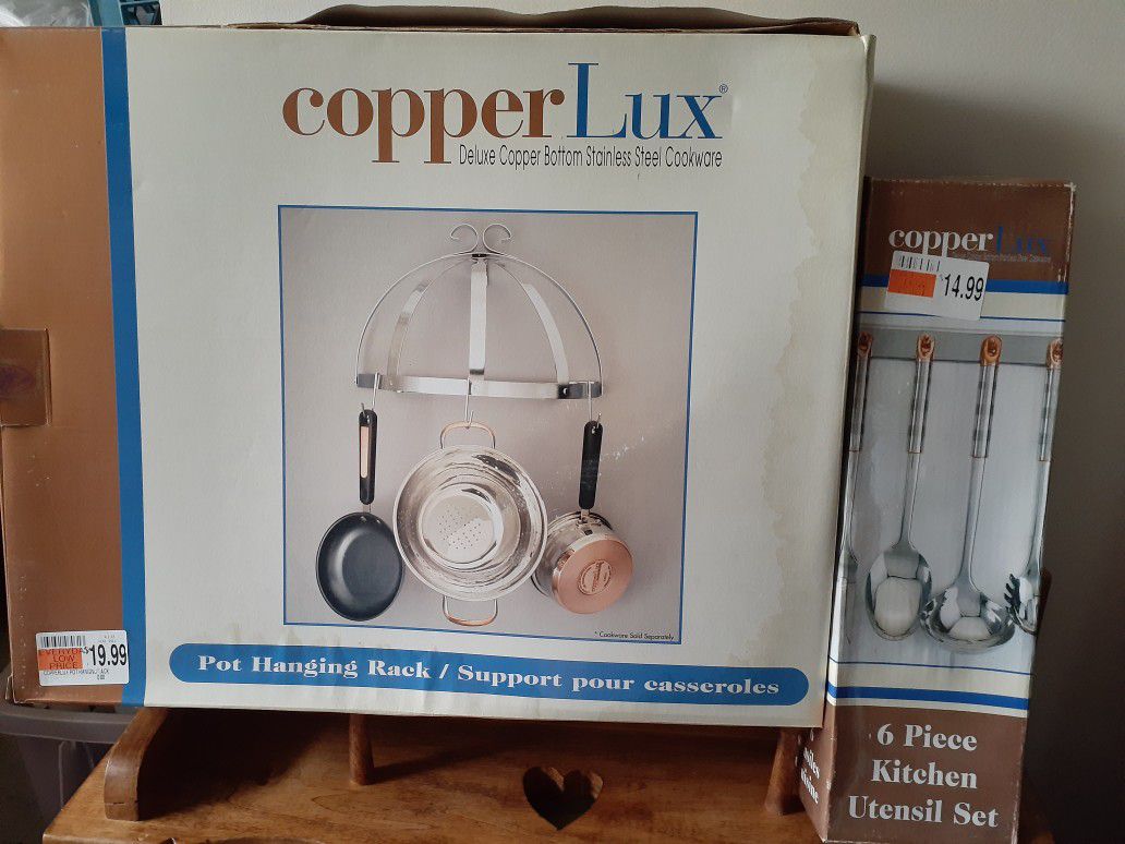 Copper Lux hanging pot rack and utensil set NEW