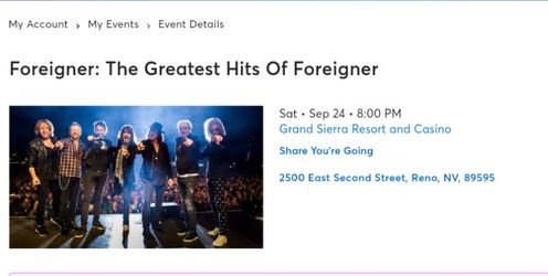 Foreigner At Grand Sierra Resort AWESOME Seats!!