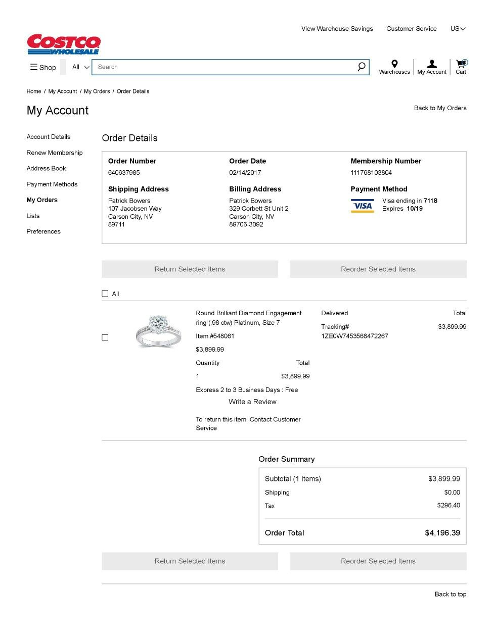 Receipt for ENGAGEMENT RING