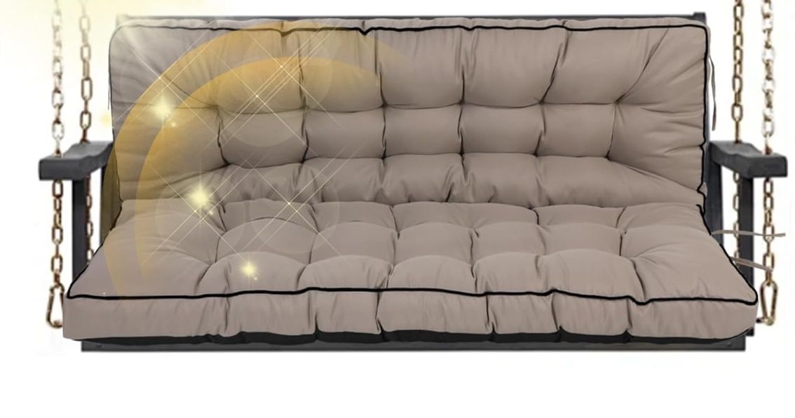 Three Seat Porch Swing Cushion, Waterproof Replacement Cushions with Backrest, Outdoor Garden Patio Furniture, 4 Inch Thick Cushions with Ties (Khaki,