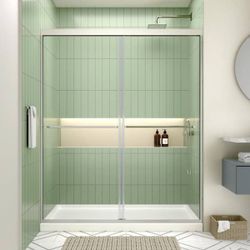 Semi-Frameless Double Sliding Glass Shower Door, 50-54 in. W x 70 in. H 1/4 in. 6mm Walk in Shower W/ Towel Bars, Chrome