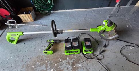 Green works drill and edger plus batteries