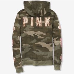 Victoria's Secret PINK Green Camo Rose Gold Bling Floral Full Zip Hoodie Size XS