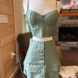 2 Piece Set Skirt and Top Green Faux Leather Small