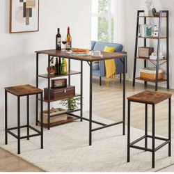 40”H Bar Table with 3 Storage Shelves, High Dining Table for Kitchen, Rustic Brown Counter Table, Industrial Standing Computer Desk