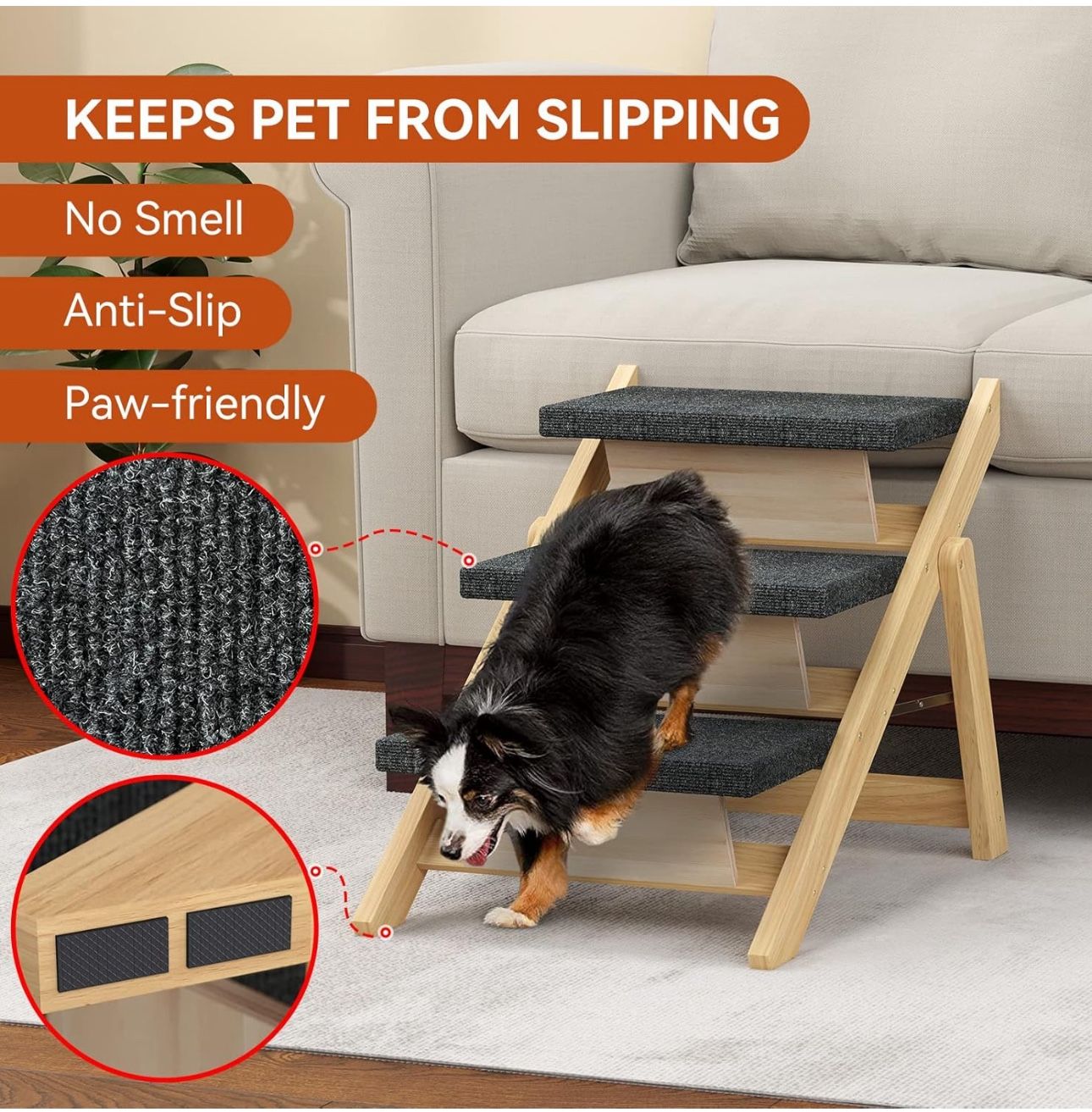 Wood Foldable Dog Step Ramp Non Slip Pad to Bed Sofa Couch Car Up to 110 lb New Condition