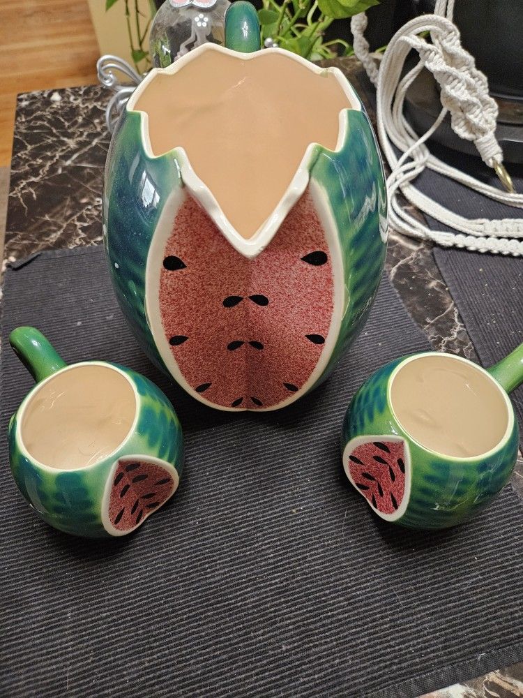 Watermelon Pitcher Set, Glass Lemonade Jar, Salt And Pepper Shaker W/ Plate