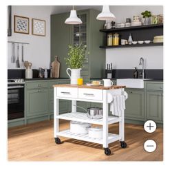 White Seville Acacia Top Kitchen Cart with Drawers and wheels. Sealed box, new.